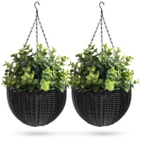 Best Choice Products Set of 2 Patio Garden Round Wicker Rattan Pot Hanging Planters w/ Triple-Chain Hanger - Black   